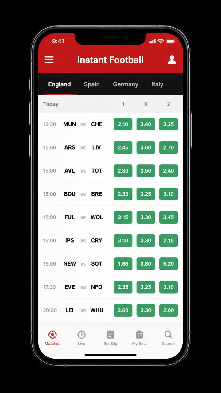Instant Football fixture list with 1X2 odds inside the betting app